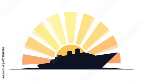 A black silhouette of a cruise ship sailing in front of a vibrant orange and yellow sunset with rays, on a white background.