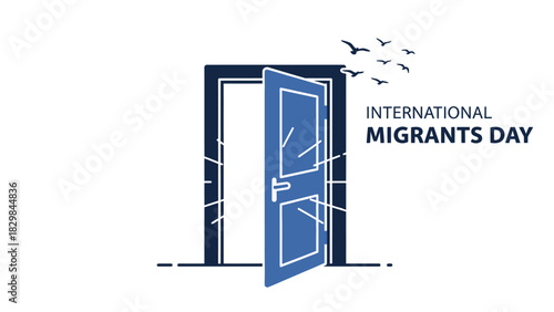 A blue door with white lines opens outward, with birds flying out, on a white background, celebrating International Migrants Day in a simple graphic style with cool tones.