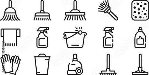 Essential Cleaning Tools Icons Set for Home and Professional Use Detailed Line Art