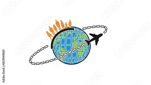 A cartoon globe wrapped in a chain with an airplane flying around it and flames rising from the top on a white background.