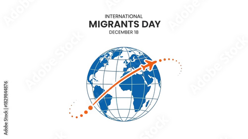 An illustration of a blue globe with an orange arrow and dotted line encircling it on a white background to represent International Migrants Day on December 18.