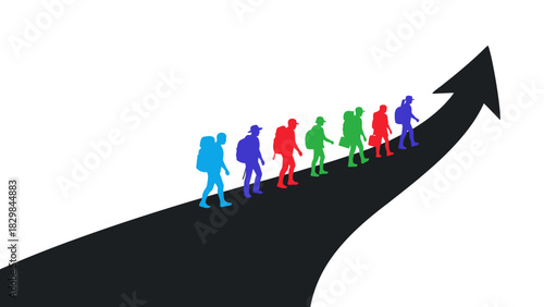 A group of colorful people walk up a large black arrow on a white background, symbolizing growth and progress in a stylized graphic illustration.