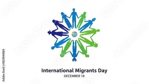 A logo for International Migrants Day features diverse human figures forming a star on a white background with text below.