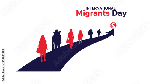A group of people silhouettes walking on a road towards a flag, symbolizing International Migrants Day on a white background with red and blue colors.