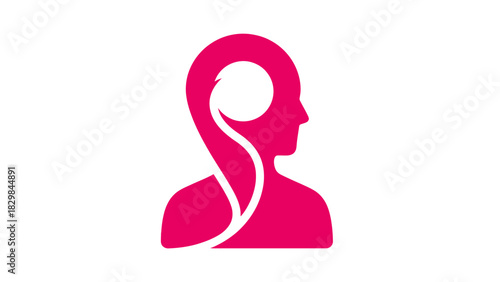 A pink silhouette of a woman's head and shoulders with a white line curving through her hair against a white background.