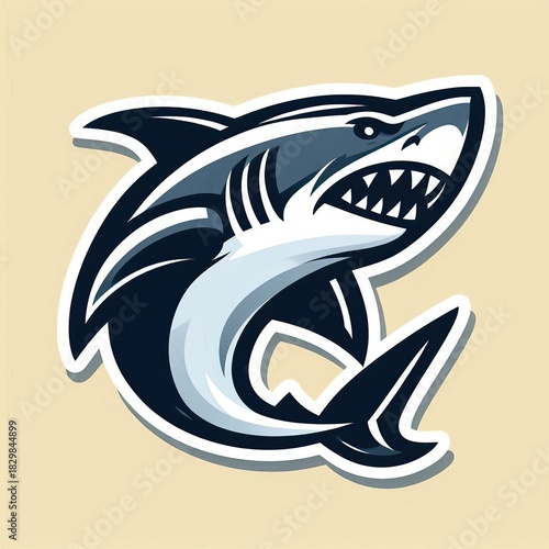 Ferocious shark mascot logo with sharp teeth and dynamic pose perfect for sports teams, gaming brands, or edgy apparel designs, embodying strength and power