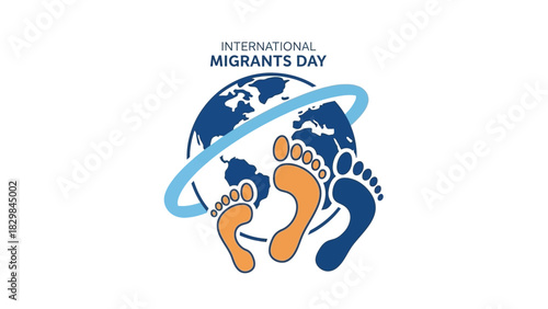 A logo for International Migrants Day featuring a globe with footprints in orange and blue on a white background.