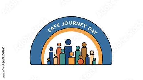 A colorful illustration of diverse people standing together under a rainbow arched over the words 'Safe Journey Day' on a white background.