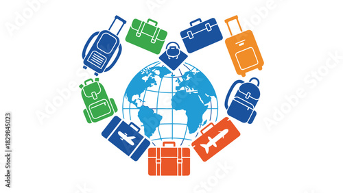 A blue globe surrounded by various colorful luggage and travel bags in a circular arrangement on a white background.
