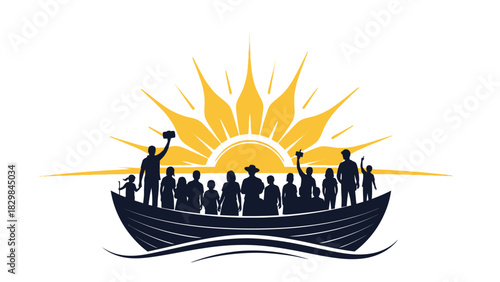 A silhouette of people on a boat sailing in front of a large yellow sun on the horizon with wavy lines representing water.