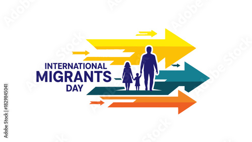 International Migrants Day logo with silhouettes of a man, woman and child walking on colorful arrows on a white background.