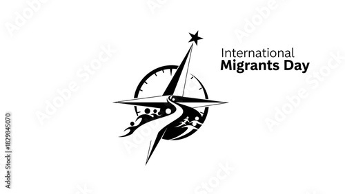 A black and white illustration of a compass with a star on top, surrounded by a circle with lines and dots, promoting International Migrants Day on a plain white background.