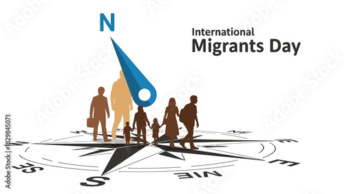 A group of diverse people stand on a compass with a blue directional arrow pointing north on a white background celebrating International Migrants Day.