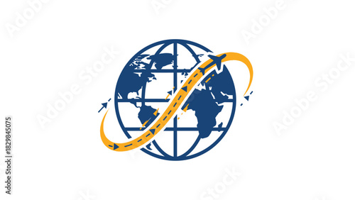 A blue globe with a yellow curved line encircles the center, set against a plain white background.