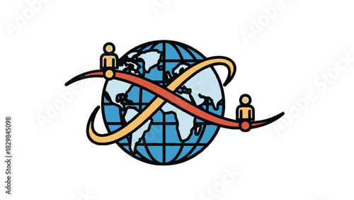 A cartoon globe with two people balancing on curved lines, symbolizing global connection and balance, on a white background.