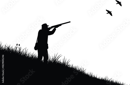 Bird hunting silhouette, man with shotgun, flying birds, outdoor nature scene, black vector art, cad drawing flat vector illustration