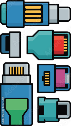 Modern collection of flat design technology connector icons and ports showing various digital cable plugs, stylized hardware adapters, and technical schematics for business networking, data transfer,