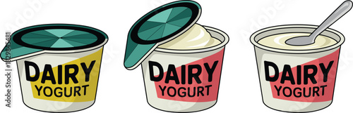 Detailed illustration series of three single-serving dairy yogurt containers, showing packaging sealed, peel-back lid opened with fresh creamy contents, and product ready for consumption with a spoon,