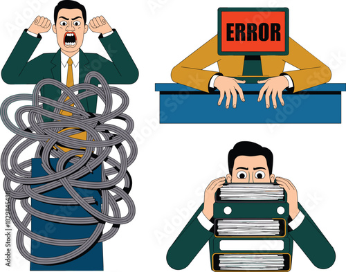 Modern business illustration depicting three stressed employees dealing with anxiety, frustration, and system failure; one man is tangled in confusing cables, another has an 'Error' monitor for a head