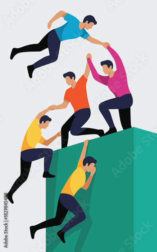 Professional teamwork metaphor illustration showing five male colleagues forming a rescue human chain, supporting each other climbing a large obstacle or wall, symbolizing corporate synergy, mutual ai