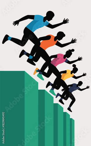 Diverse silhouetted runners in colorful sports attire accelerating down a stepped obstacle, illustrating the concept of ambitious career challenges, business succession, or professional momentum; a mo