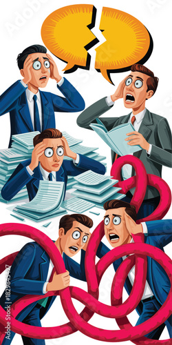 Cartoon illustration of frantic businessmen managing massive document burdens and suffering workplace stress, symbolizing communication breakdown, failure, and being trapped by legal complications or