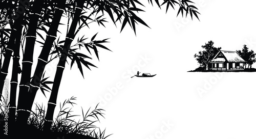 Black and white silhouette of traditional Asian landscape with bamboo grove, small hut, and a person paddling a boat, evoking peace and natural beauty.