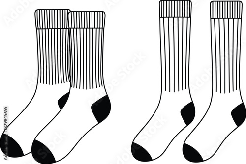 Black and white vector illustration of two pairs of classic rib-knit sport socks, one pair overlapping, perfect for apparel, fashion, and clothing design concepts.