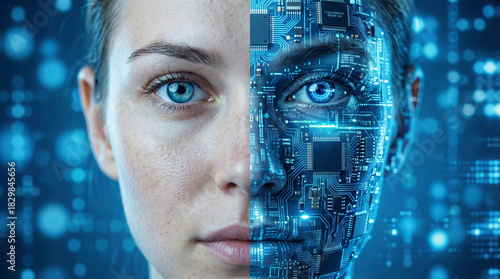 Futuristic portrait concept of a woman's face split half human and half AI cyborg robot with glowing blue circuit board details. Concept of transhumanism, digital transformation, and future technology