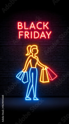 Black Friday Day after Thanksgiving Neon sign depicting a woman shopping with 
