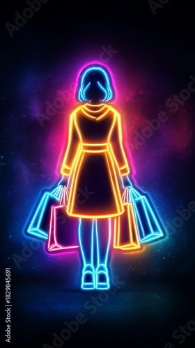 Black Friday Day after Thanksgiving Neon silhouette of a woman with shopping bags against a cosmic background.