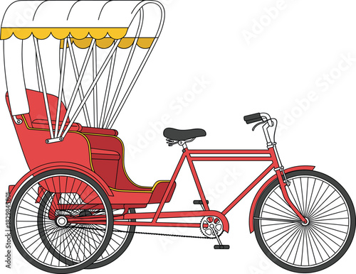 Cartoon rickshaw illustration, red three-wheeler, canopy roof, manual transport, urban mobility, traditional vehicle, bicycle fron