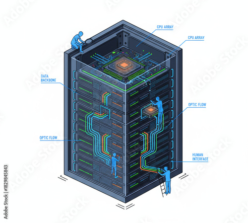 Isometric illustration of a supercomputer server with workers, data flow, and optic connections