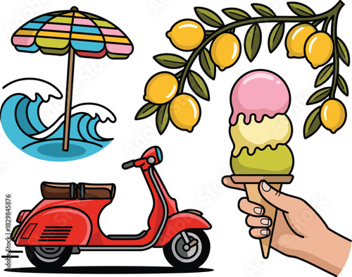 A vibrant collection of summer holiday graphic elements featuring a retro red scooter, stacked melting gelato ice cream cone, fresh citrus lemons on a branch, and a striped beach umbrella against cras