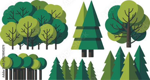 Geometric flat design vector illustration set featuring various green trees, including broadleaf deciduous woods and tall dark evergreen pines, serving as essential nature landscape graphic elements f