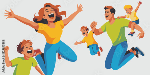 Joyful family of five parents and excited children leaping high mid-air, celebrating happiness, togetherness, and active freedom. Vibrant modern flat vector illustration featuring a carefree summer li