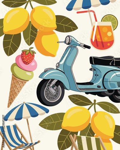 A colorful Mediterranean summer holiday seamless pattern illustration featuring a classic vintage blue scooter, ripe yellow citrus lemons, refreshing tropical vacation cocktail drink, and sweet strawb