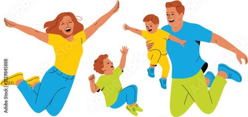 Joyful, happy family with two young children and parents jumping high together in the air with wide excited smiles, symbolizing playful freedom, active lifestyle, and loving parenting, rendered in a m