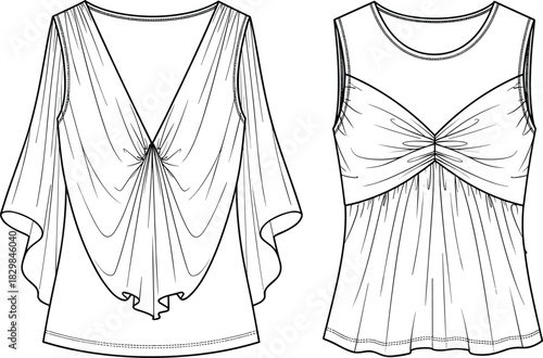 Elegant women's fashion top design, draped and pleated blouse styles, garment construction sketch, cad drawing flat vector illustration