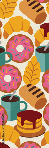 Delightful modern flat design seamless pattern featuring colorful sweet treats and fresh baked goods, including sugary pink donuts, golden croissants, stacked pancakes, and hot coffee mugs, ideal for