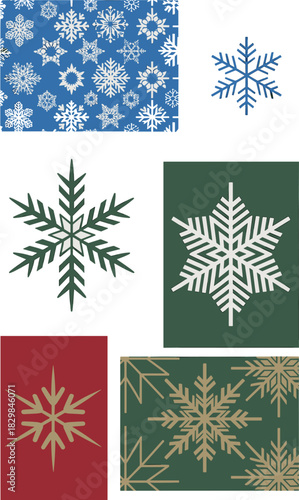 A curated collection of six modern geometric snowflake pattern posters and seasonal holiday greeting cards featuring traditional Christmas colors, deep red, forest green, and classic blue, with elegan