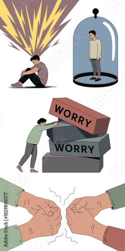 Conceptual illustration showing psychological burdens: a man trapped in a bell jar, stressed by worries stacking up like bricks, conflict, and explosive anxiety, ideal for mental health awareness camp