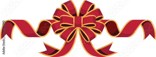 Luxurious deep burgundy red ribbon bow graphic illustration, a classic festive decorative element with golden lining, isolated on white background, ideal for Christmas holiday packaging, formal event