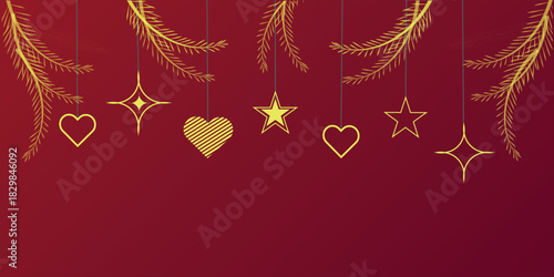 Elegant golden christmas ornaments and pine branches against a deep red background