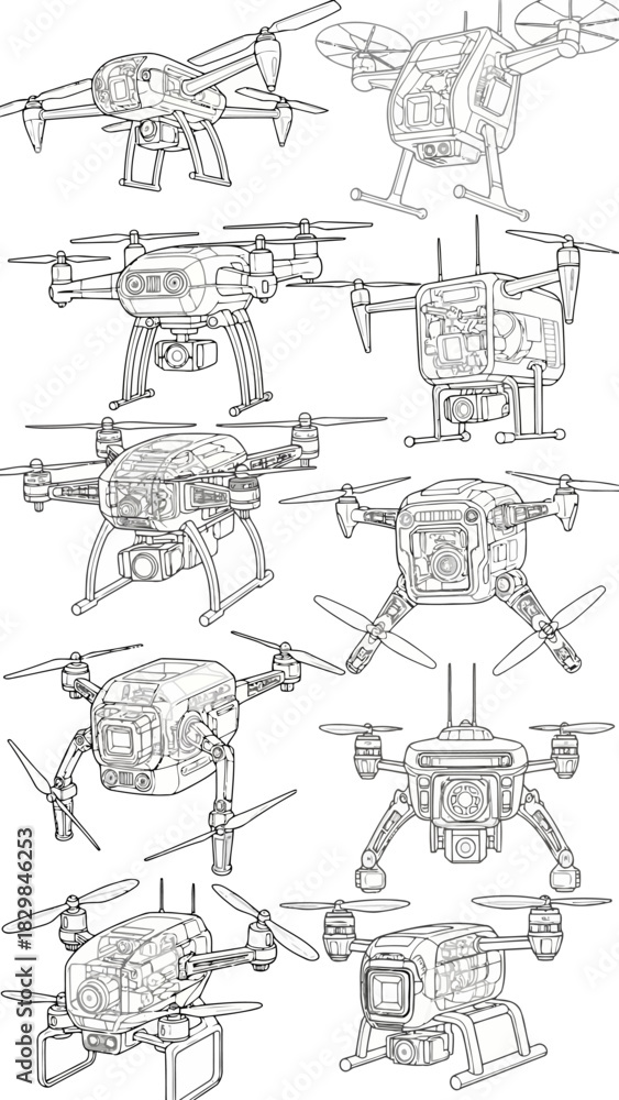 Obraz premium Set of Modern Drone Designs with Visible Internal Structure and Various Camera Mounts Drone Technology Innovation and Recreational Use Vector Illustration Template Exactly 200 Characters