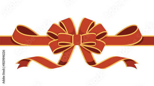 Elegant red ribbon bow isolated on a clean white background, featuring glossy folds and luxurious gold edges, perfect vector illustration graphic resource for festive holiday wrapping, Christmas, birt