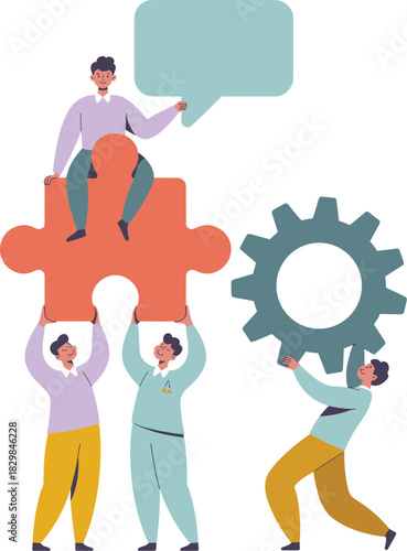 Professional business teamwork illustration showing three male workers building a solution; two people lift a giant orange jigsaw puzzle piece while another holds a large blue communication speech bub