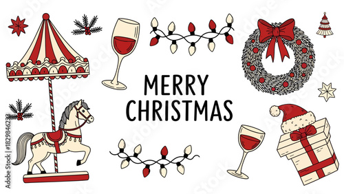 Hand-drawn collection of festive Christmas elements including a carousel, wine glasses, lights, wreath, and gift with a Santa hat, on a white background.