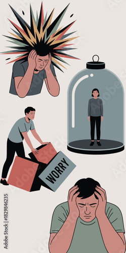 Conceptual vector illustration detailing multiple psychological problems including stress, overwhelming anxiety, chronic headache or migraine, and depression symbolized by a trapped woman and a man ma