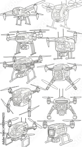 Set of Modern Drone Designs with Visible Internal Structure and Various Camera Mounts Drone Technology Innovation and Recreational Use Vector Illustration Template Exactly 200 Characters